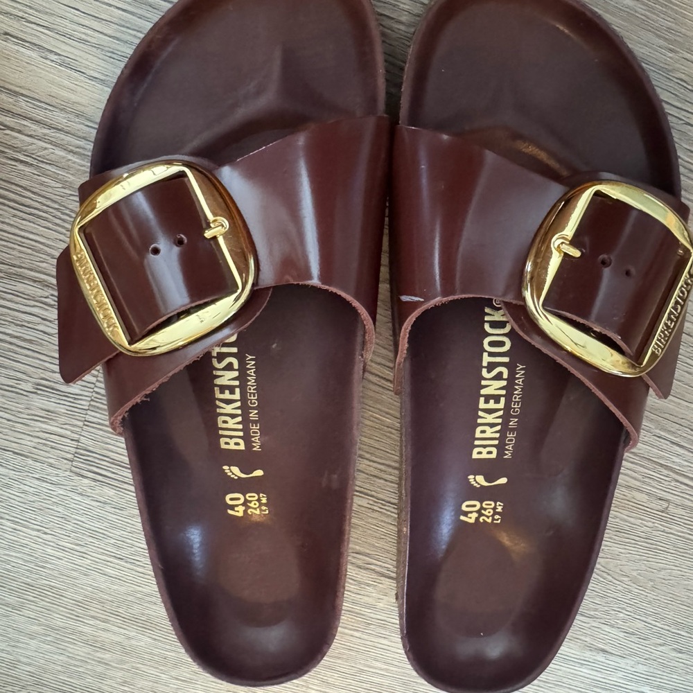 New brown Birkenstocks High Shine Big Buckle Sandals